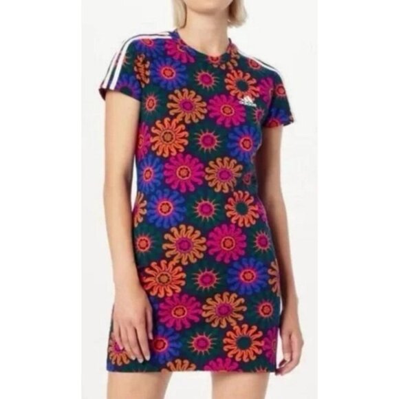 New Farm Rio x Adidas Retro Floral Cap Sleeve Stretch Mini Dress - Picture 1 of 13